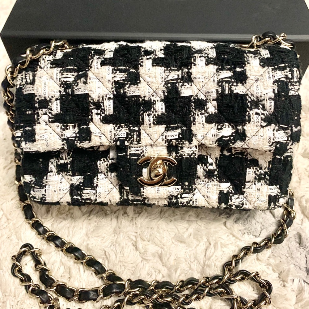Chanel Classic Mini Tweed Gold Hardware Ecru Black